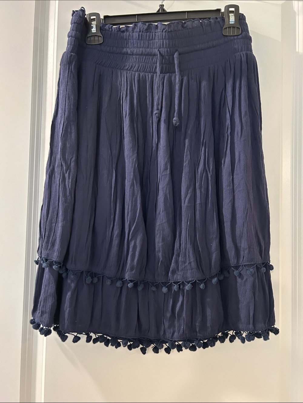new directions Navy Tiered Skirt with Pom-Pom Trim